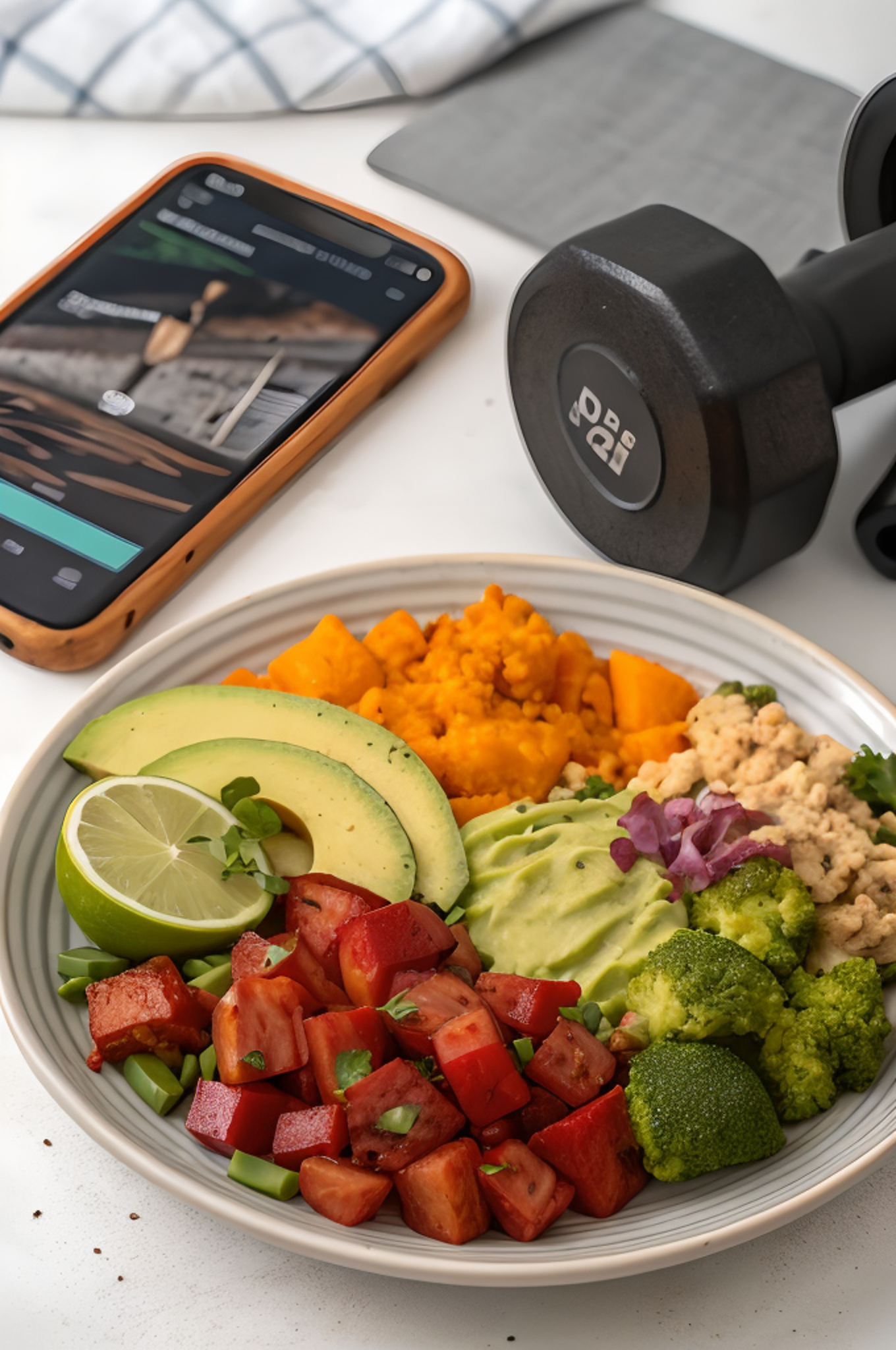 Healthy food bowl with dumbbells and fitness app
